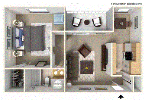 Floor plan for 1 bed, 1 bath, 675 sqft